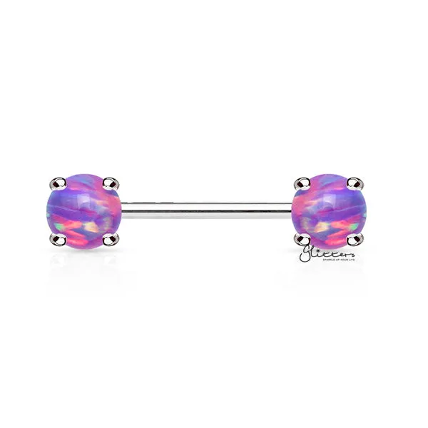 Surgical Steel Nipple Barbells with Prong Set Opal Ends - Opal Purple
