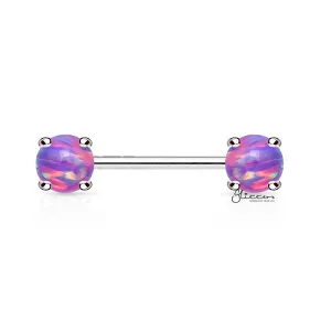 Surgical Steel Nipple Barbells with Prong Set Opal Ends - Opal Purple