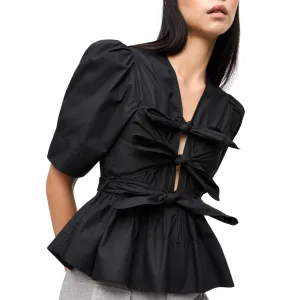 Washed Stretch Cotton Tie Strap Blouse (Black)